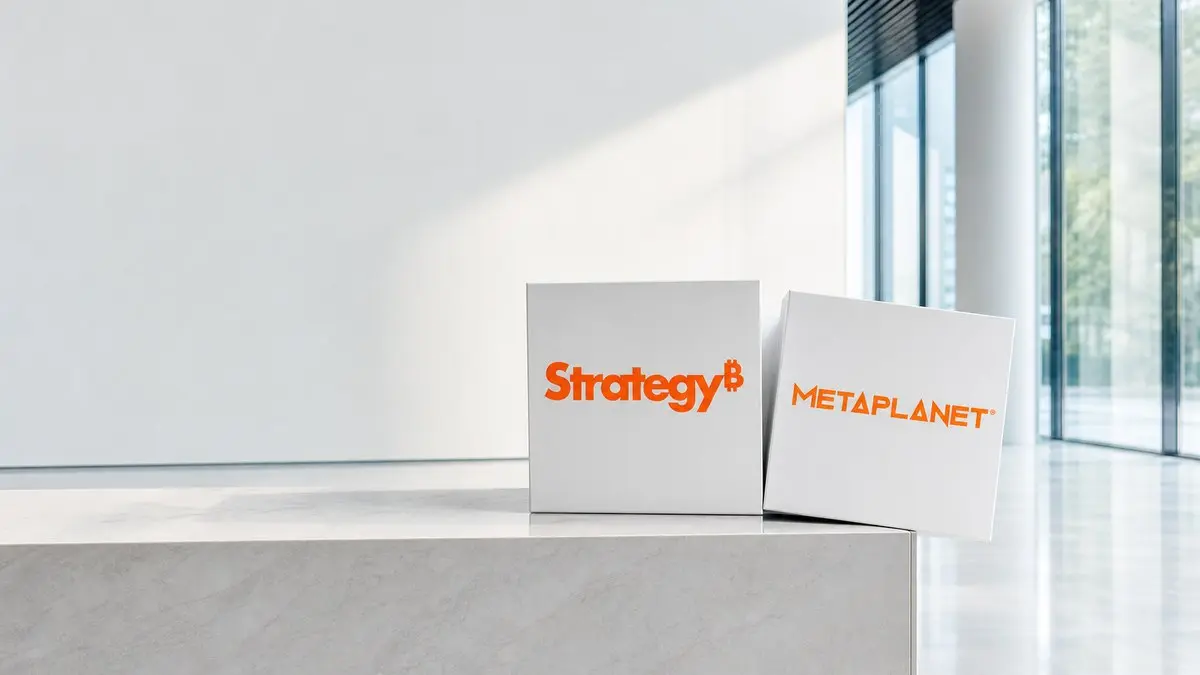 Zwei gleich große weiße Würfel mit den Logos von Strategy und Metaplanet stehen am Ende einer hellen Steinkante, der rechte Würfel ragt schon über den Rand.