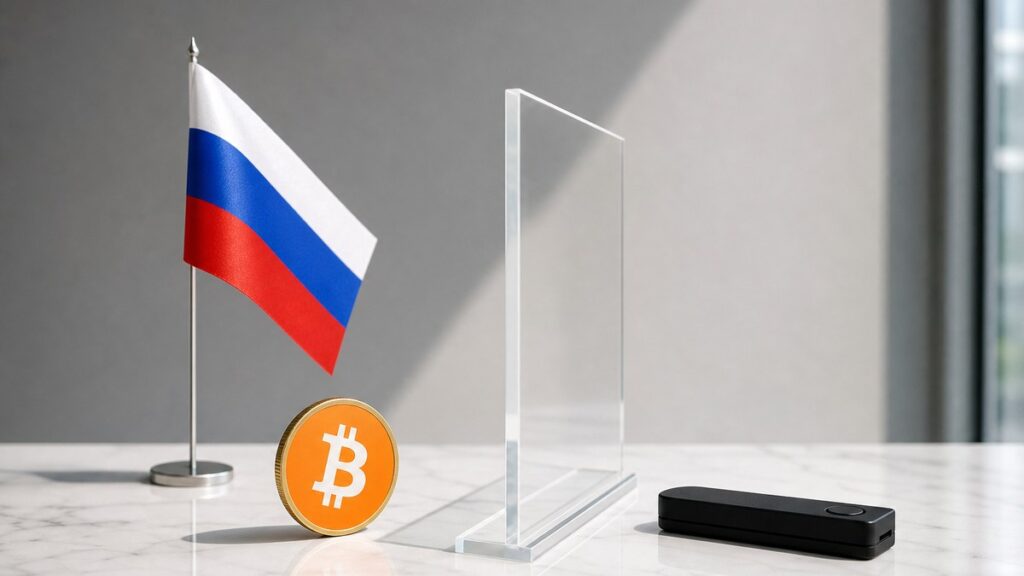 Eine Bitcoin-Münze steht vor einer russischen Tischflagge, eine durchsichtige Acrylscheibe trennt sie von einer schwarzen Hardware-Wallet.