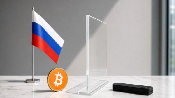 Eine Bitcoin-Münze steht vor einer russischen Tischflagge, eine durchsichtige Acrylscheibe trennt sie von einer schwarzen Hardware-Wallet.