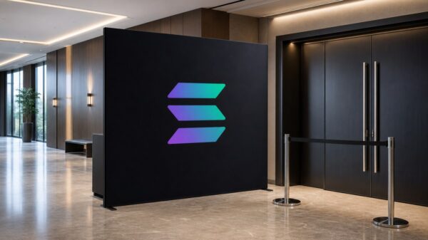 Leeres Hotelfoyer mit einem großen schwarzen Aufsteller, auf dem das Solana-Zeichen in Violett und Türkis leuchtet; vor der geschlossenen Saaltür sperrt ein Absperrband den Eingang.