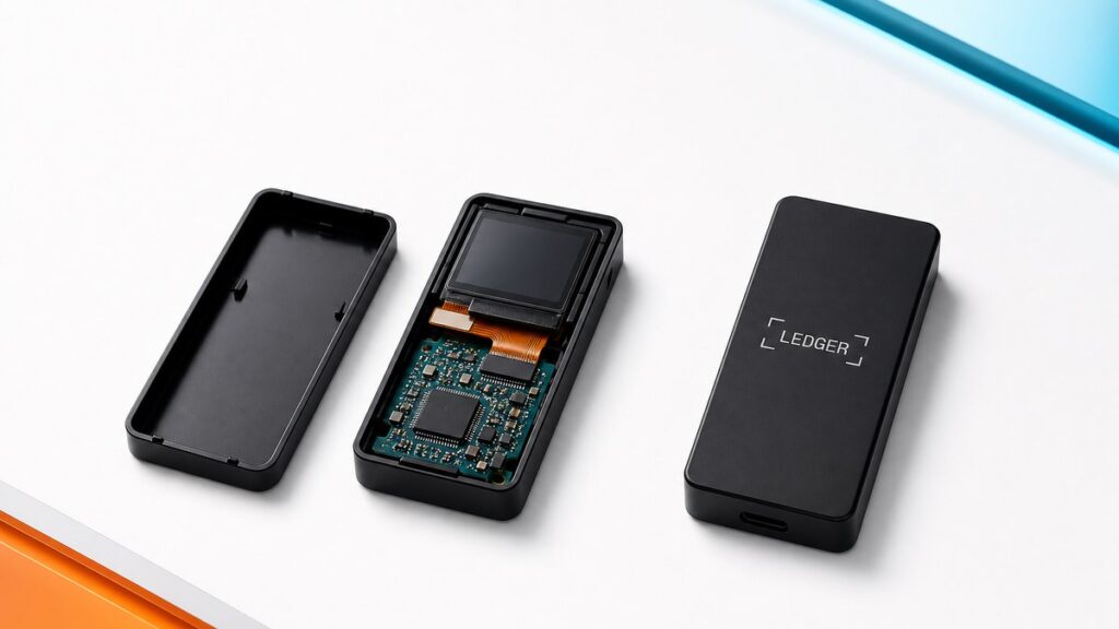 Zwei gleich große schwarze Hardware-Wallets liegen nebeneinander auf einer weißen Werkbank, die linke ist geöffnet und zeigt eine kleine zusätzliche grüne Platine, die rechte ist geschlossen und trägt den Ledger-Schriftzug.