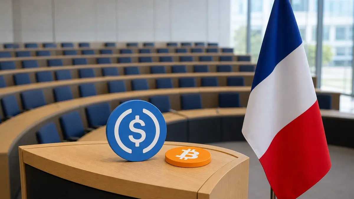 Auf einem hellen Rednerpult in einem leeren Plenarsaal mit blauen Sitzreihen steht eine große blaue USDC-Münze neben einer kleineren orangefarbenen Bitcoin-Münze, rechts hängt die französische Flagge an einer Stange.