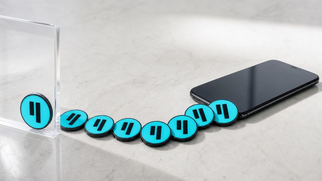 Eine Spur türkisfarbener Münzen mit dem schwarzen Qubic-Zeichen gleitet aus einem schwarzen Smartphone über eine helle Steinfläche und stoppt an einer aufrechten Acrylscheibe.