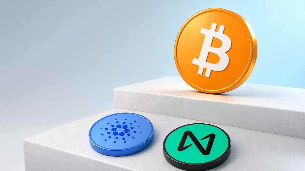 Eine orangefarbene Bitcoin-Münze steht aufrecht auf einer oberen weißen Stufe, darunter liegen eine blaue Cardano- und eine grün-schwarze NEAR-Münze.
