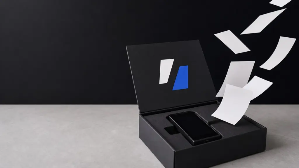 Geöffneter schwarzer Versandkarton mit dem blau-weißen Keystone-Zeichen im Deckel, darin eine schwarze Hardware-Wallet; leere weiße Etiketten fliegen aus dem Karton davon.