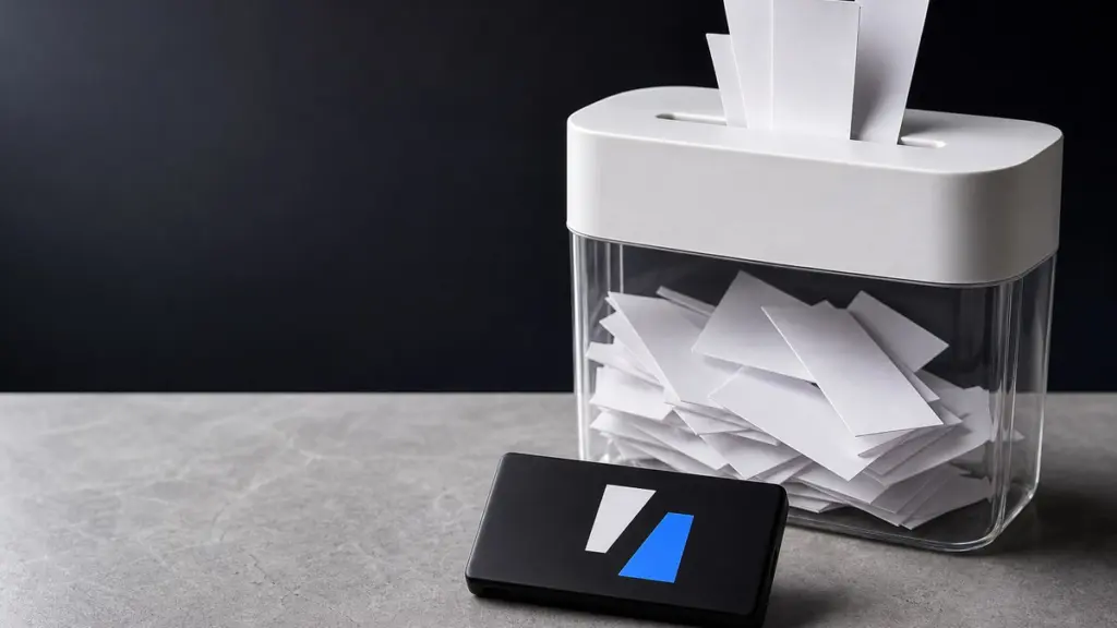Schwarze Hardware-Wallet mit dem weiß-blauen Keystone-Zeichen auf der Rückseite vor einem weißen Aktenvernichter, dessen durchsichtiger Behälter voller unzerschnittener weißer Etiketten ist.