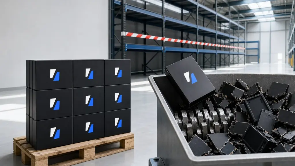 Palette mit gestapelten schwarzen Gerätekartons mit dem weiß-blauen Keystone-Zeichen in einer hellen Lagerhalle, daneben ein offener Schredder-Container, in den ein weiterer Karton kippt.