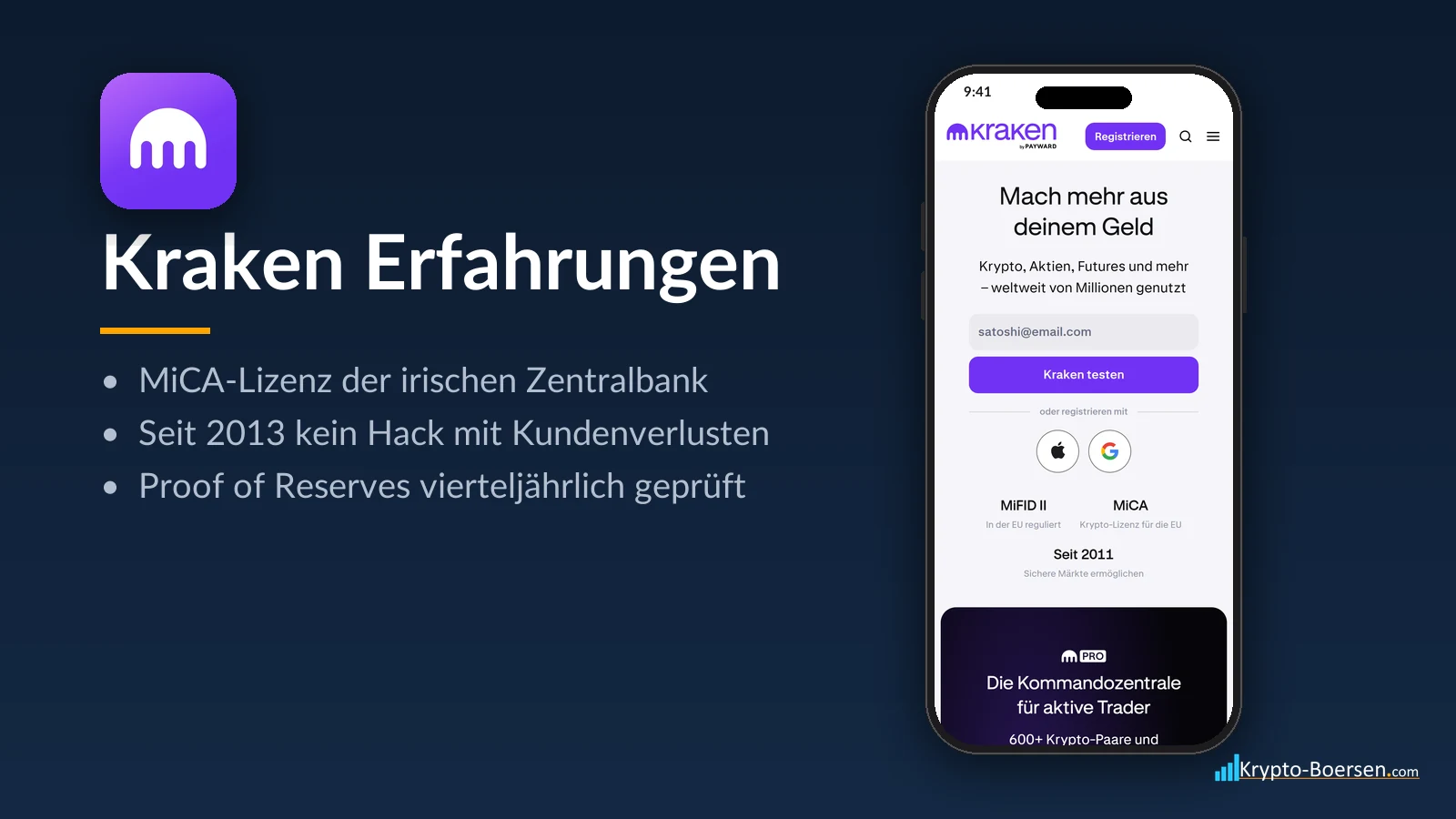 Kraken Erfahrungen: App-Symbol, Startseite von kraken.com auf dem Smartphone und Kernfakten