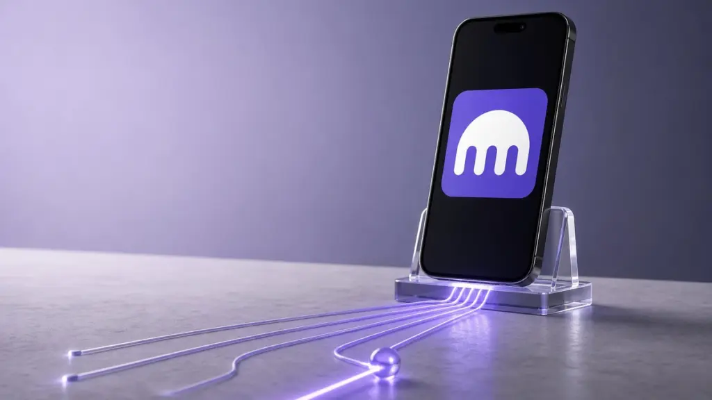 Ein schwarzes Smartphone steht in einem Acrylhalter, auf dem Display das violette Kraken-Zeichen, davor laufen violette Lichtbahnen über den Tisch, zwei enden, zwei vereinen sich in einem Glasknoten.