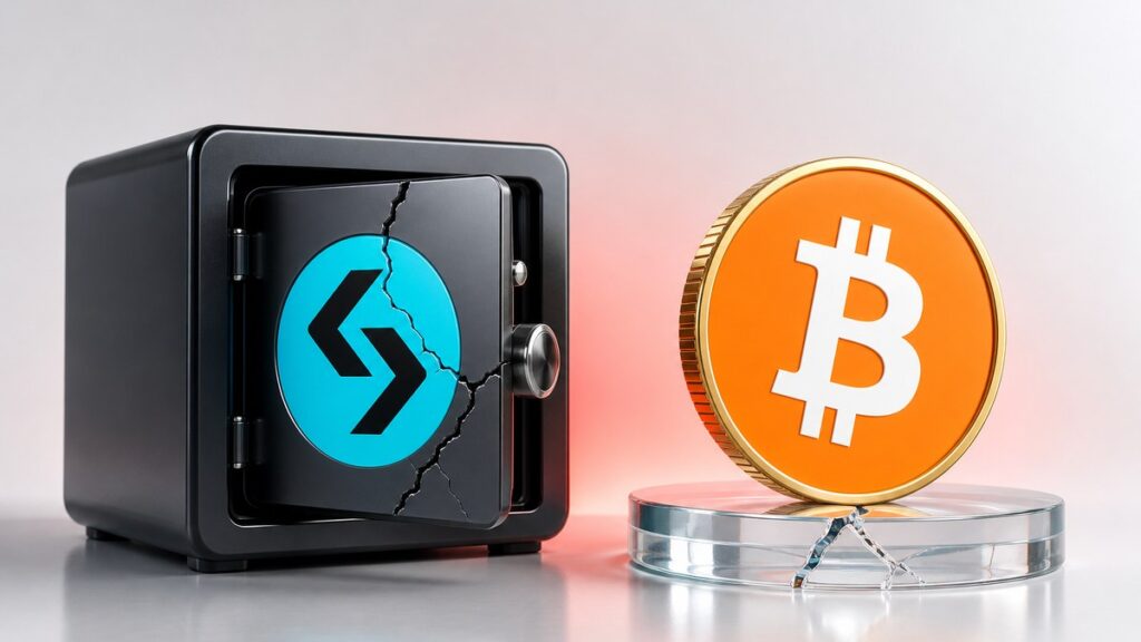 Ein schwarzer Tresorwürfel mit dem Bitget-Zeichen auf der gesprungenen, leicht geöffneten Tür, daneben eine Bitcoin-Münze auf einem gesprungenen Glassockel.