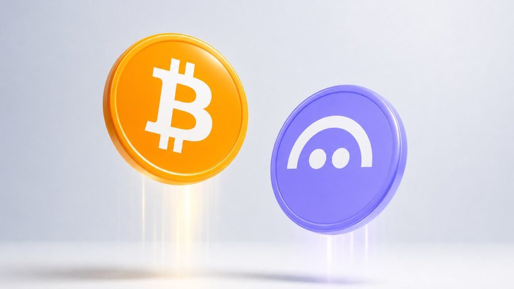 Eine orangefarbene Bitcoin-Münze und eine violette Aave-Münze steigen nebeneinander vor hellem Hintergrund auf, darunter helle Lichtspuren.