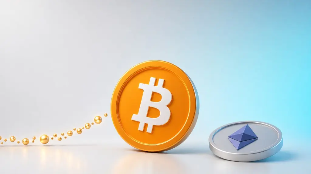 Eine große orangefarbene Bitcoin-Münze steht aufrecht, von links fließt ihr eine Spur goldener Perlen zu, rechts liegt eine kleinere silberne Ether-Münze schräg auf dem Boden.