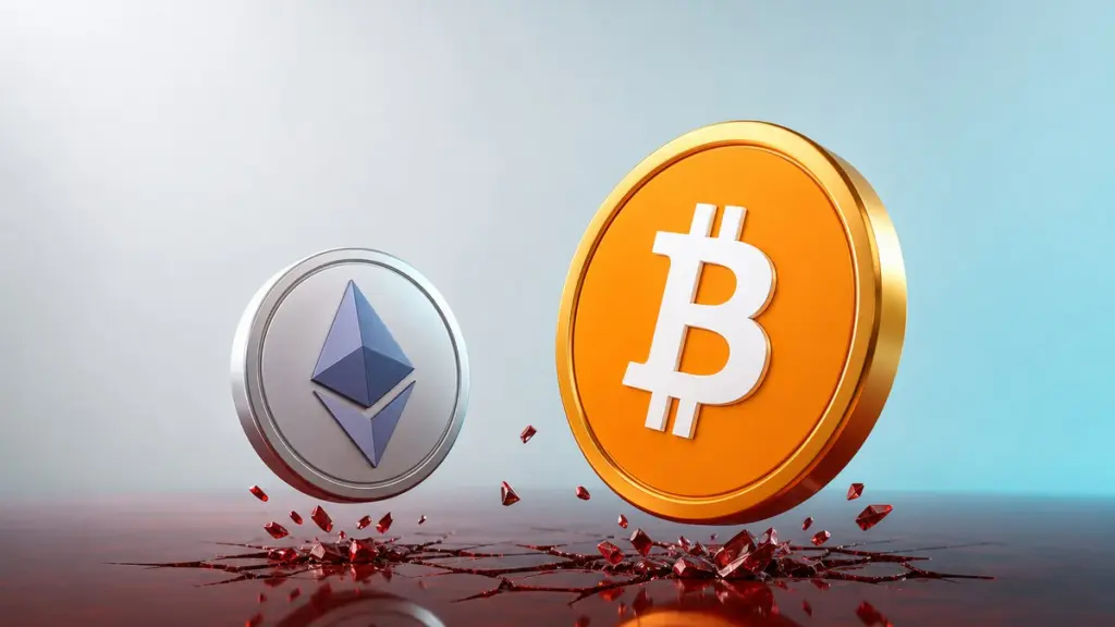 Eine silberne Ether-Münze und eine größere orangefarbene Bitcoin-Münze springen von einem dunkelroten Glasboden ab, der unter ihnen Risse zeigt und Splitter abgibt.