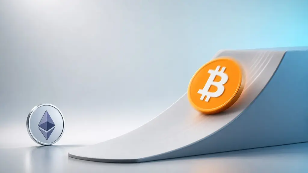 Eine orangefarbene Bitcoin-Münze rollt eine helle Rampe hinab, unten links steht still eine silberne Ether-Münze.