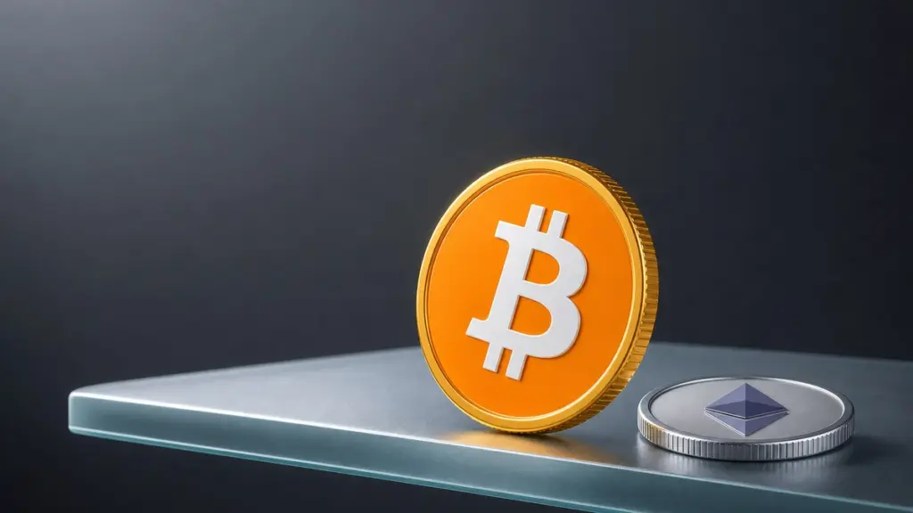 Eine orangefarbene Bitcoin-Münze steht schräg an der Kante einer Glasplatte, daneben liegt flach eine silberne Ether-Münze.