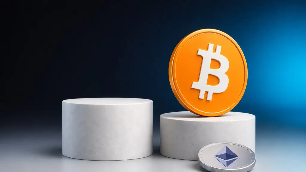 Eine orangefarbene Bitcoin-Münze steht auf dem niedrigeren von zwei weißen Steinsockeln, der höhere ist leer, davor liegt eine silberne Ether-Münze.