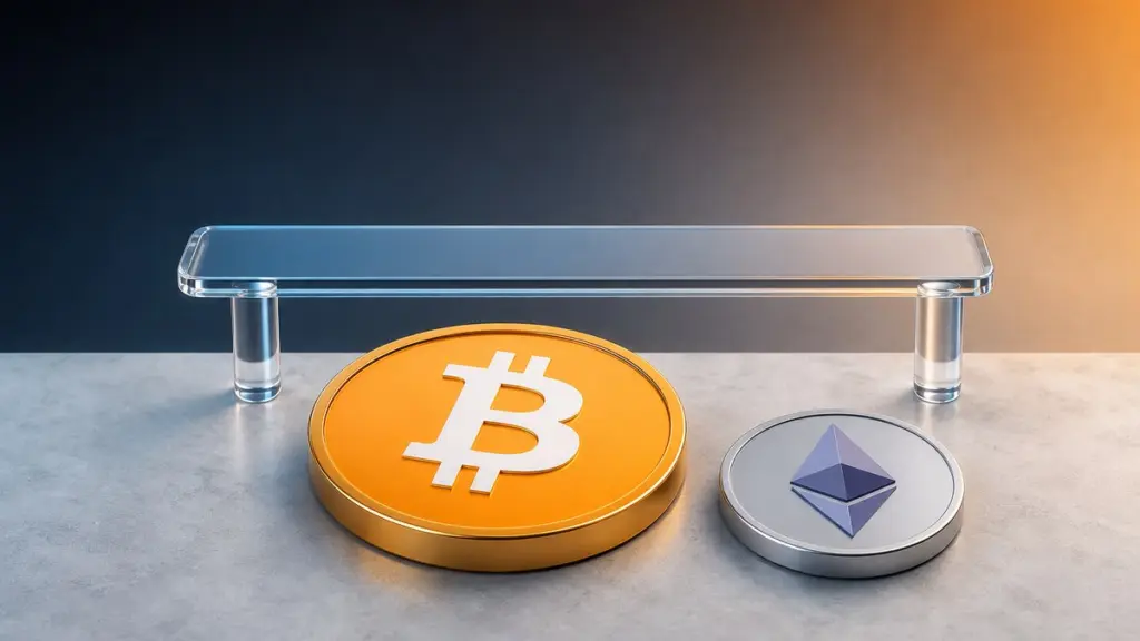Eine orangefarbene Bitcoin-Münze liegt flach unter einer schmalen Leiste aus klarem Glas, daneben liegt eine silberne Ether-Münze.