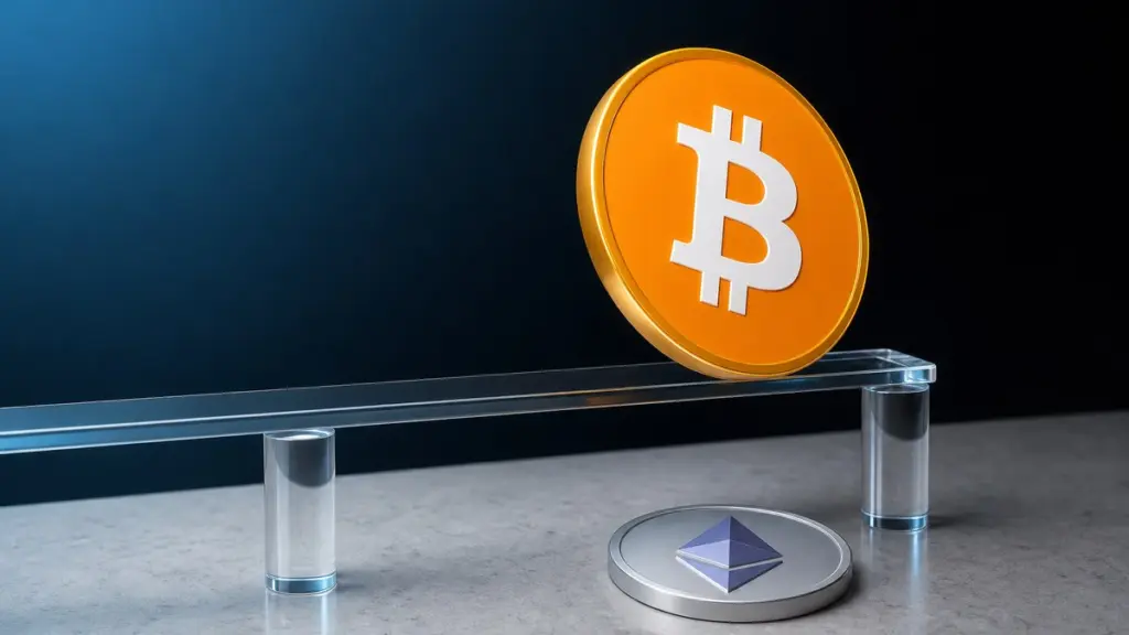 Eine orangefarbene Bitcoin-Münze lehnt schräg auf einer schmalen Leiste aus klarem Glas, darunter liegt eine silberne Ether-Münze auf grauem Stein.
