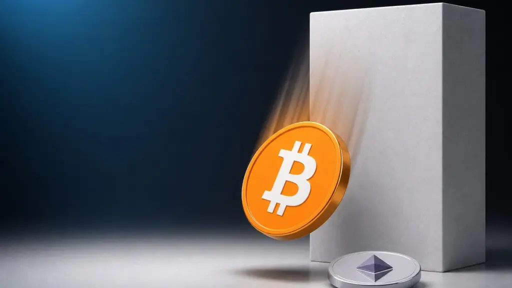 Eine orangefarbene Bitcoin-Münze fällt schräg vor einem hohen weißen Steinsockel herab, davor liegt eine silberne Ether-Münze auf dem hellen Boden.