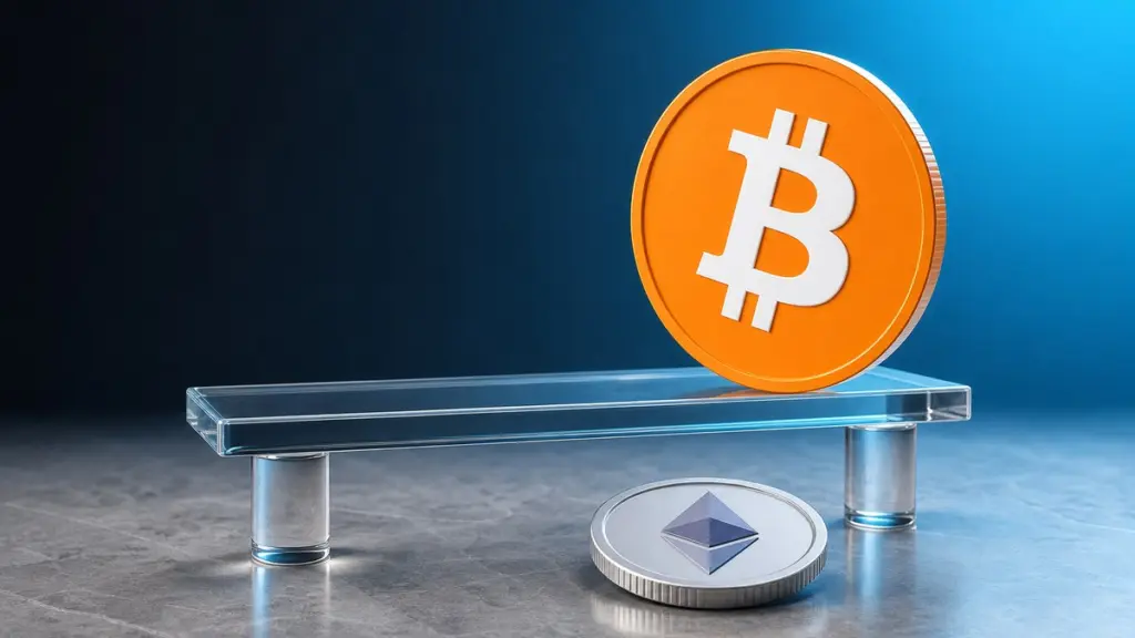 Eine orangefarbene Bitcoin-Münze steht aufrecht auf einer schmalen Leiste aus klarem Glas, darunter liegt eine silberne Ether-Münze auf grauem Stein.