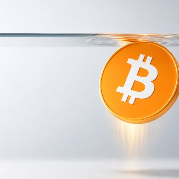Eine orangefarbene Bitcoin-Münze ist nach oben gestiegen, stößt von unten an eine dünne Glasplatte und kippt zurück, darunter eine helle Lichtspur.