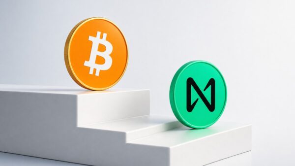 Eine orangefarbene Bitcoin-Münze steht auf der obersten Stufe einer weißen Treppe, eine grüne NEAR-Münze eine Stufe tiefer.