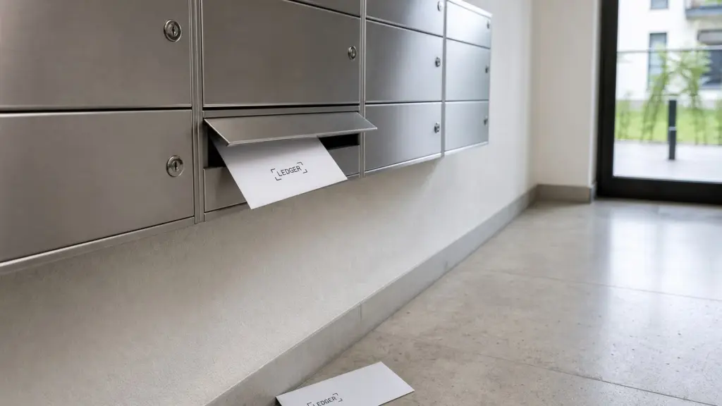 Briefkastenanlage aus gebürstetem Stahl in einem hellen Hausflur, aus einem Briefkasten ragt ein weißer Umschlag mit der Ledger-Wortmarke, ein zweiter Umschlag liegt auf dem Steinboden.