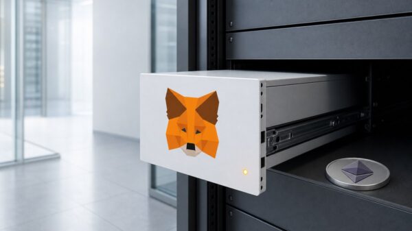 Ein weißes Servermodul mit dem orangefarbenen MetaMask-Fuchs auf der Front ist halb aus einem dunklen Serverschrank gezogen, daneben liegt eine silberne Ethereum-Münze.