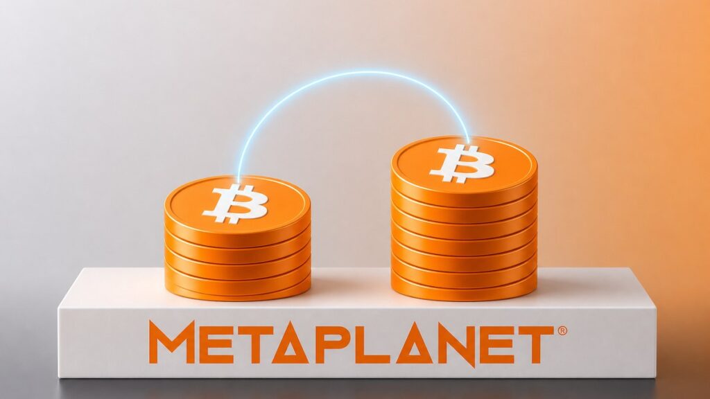 Zwei Stapel oranger Bitcoin-Münzen auf einem weißen Sockel mit dem orangen Metaplanet-Schriftzug, der rechte Stapel ist höher, ein hellblauer Lichtbogen verbindet beide.