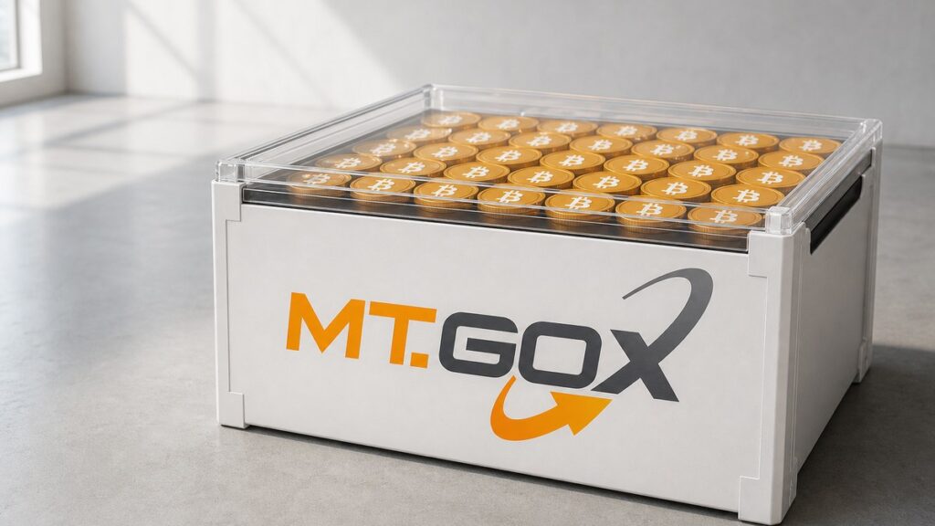 Eine weiße Kiste mit dem orange-grauen Mt.-Gox-Schriftzug ist randvoll mit goldenen Bitcoin-Münzen gefüllt und mit einem durchsichtigen Deckel verschlossen.