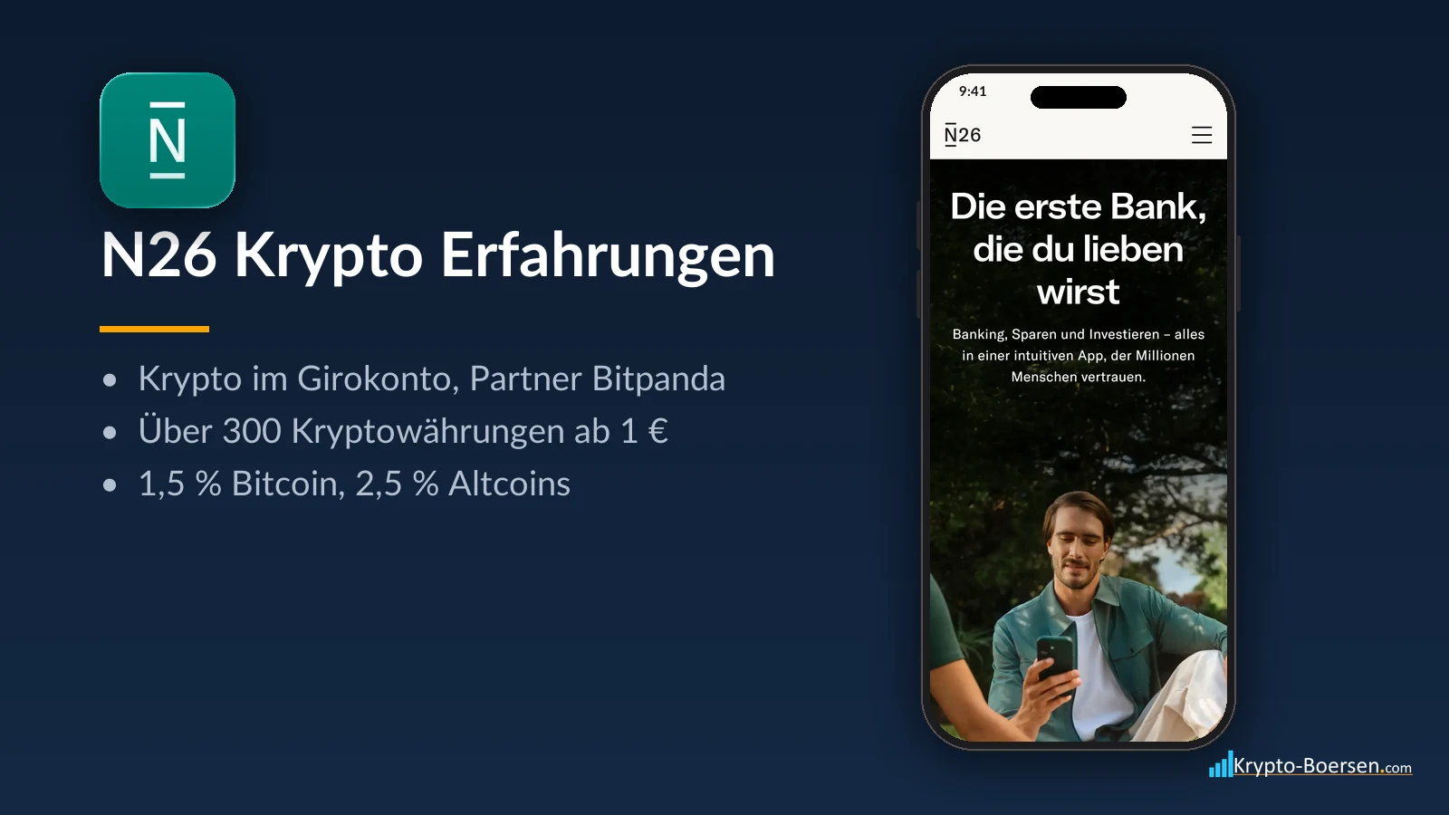 N26 Krypto Erfahrungen: App-Symbol, Startseite von n26.com auf dem Smartphone und Kernfakten