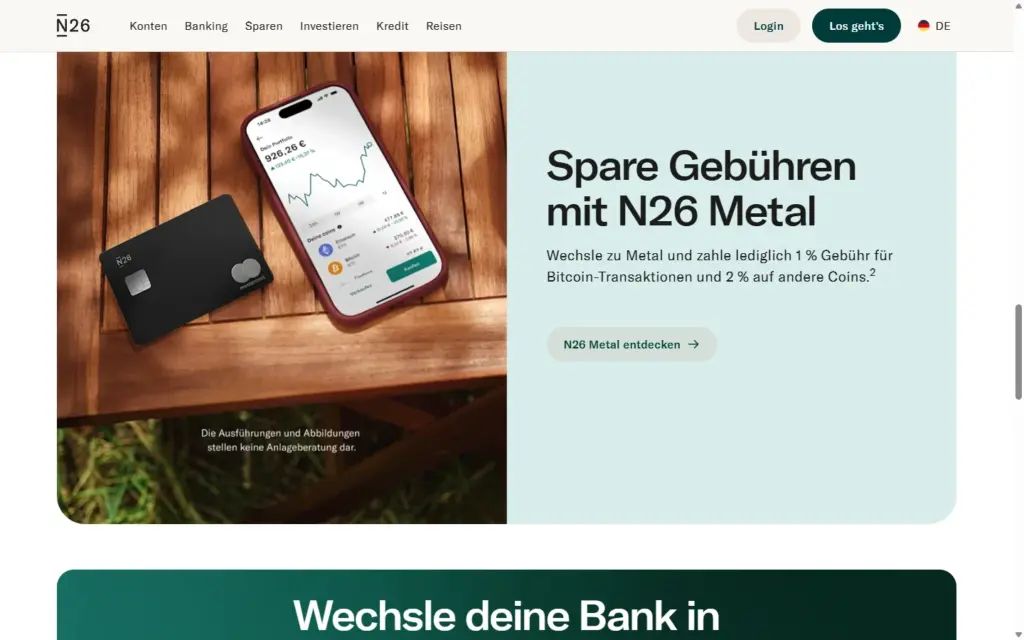 Abschnitt zu N26 Metal mit 1 % Gebühr für Bitcoin und 2 % für andere Coins