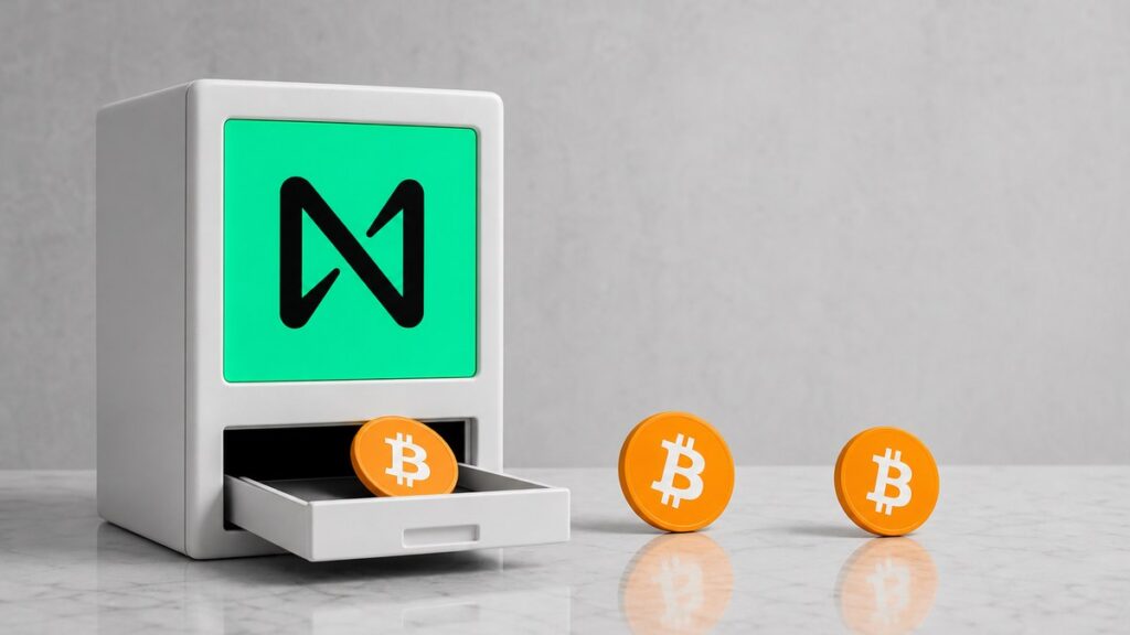 Ein weißes Tresormodul mit grünem NEAR-Zeichen steht auf einer hellen Steinplatte, in seine offene Schublade rollen drei orangefarbene Bitcoin-Münzen zurück.