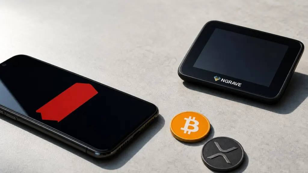 Links liegt ein schwarzes Smartphone mit einer roten Warnfläche auf dem Bildschirm, rechts eine schwarze Hardware-Wallet mit NGRAVE-Schriftzug, davor eine Bitcoin- und eine XRP-Münze auf hellem Stein.