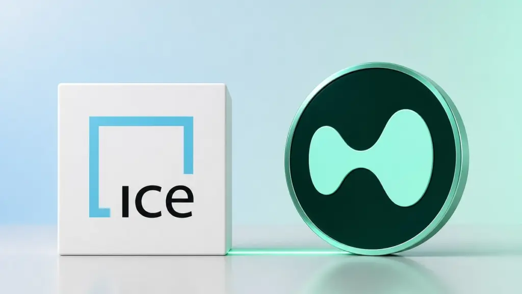 Ein weißer Würfel mit dem ICE-Logo und eine gleich hohe dunkelgrüne Münze mit dem Hyperliquid-Zeichen stehen nebeneinander, verbunden durch eine mintgrüne Lichtlinie am Boden.
