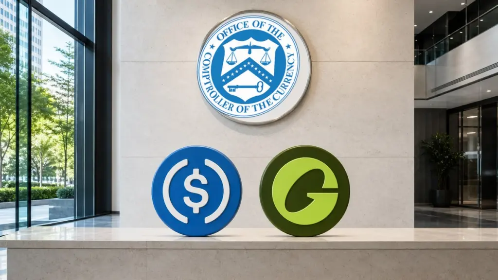 In einer hellen Bankhalle stehen eine blaue USDC-Münze und eine grüne USDG-Münze auf einem Steintresen, dahinter hängt an der Wand das runde Siegel der US-Bankenaufsicht OCC.