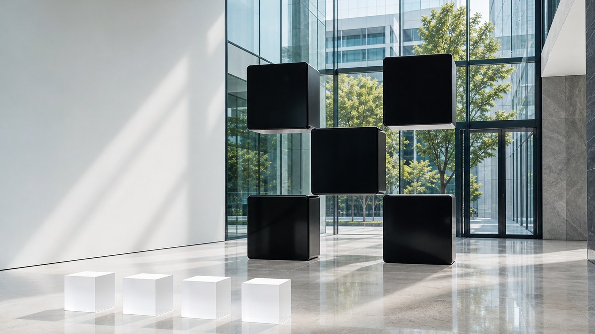 Das OKX-Zeichen als Skulptur aus fünf schwarzen Würfeln in einem hellen Glasatrium, davor stehen vier kleine weiße Glaswürfel in einer Reihe auf dem glänzenden Steinboden.