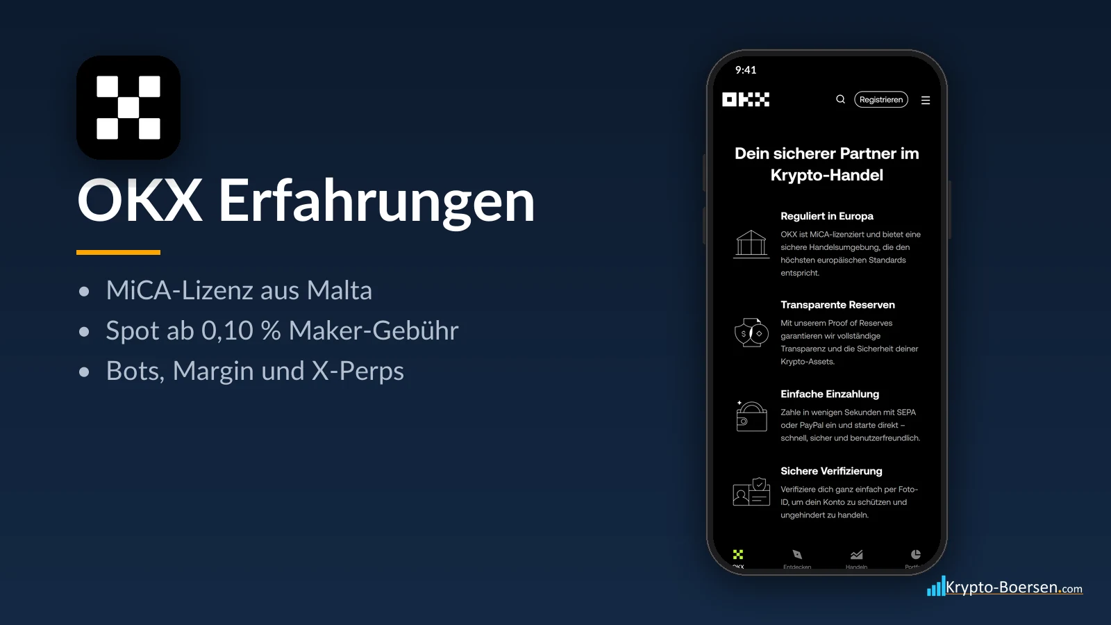 OKX Erfahrungen: App-Symbol, Startseite von okx.com auf dem Smartphone und Kernfakten