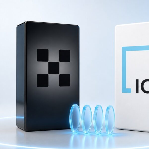 Eine schwarze Säule mit dem OKX-Zeichen und eine weiße Säule mit dem ICE-Logo stehen nebeneinander, dazwischen vier blau leuchtende gläserne Token, um die Szene ein Lichtring.