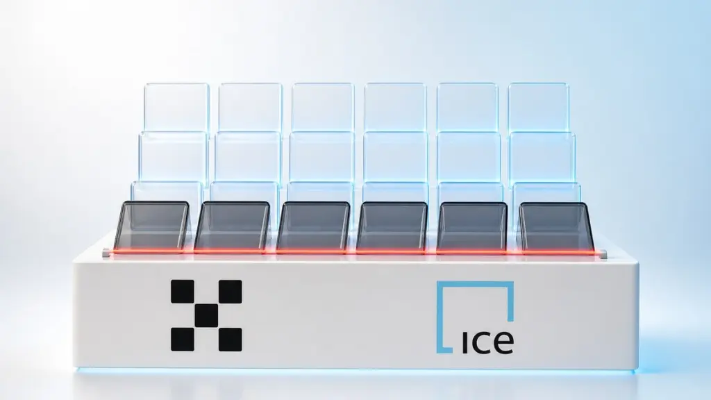 Weißer Sockel mit dem schwarzen OKX-Zeichen und dem ICE-Logo, darauf Reihen gläserner Plättchen, die vordere Reihe dunkel getönt hinter einem leuchtend roten Sperrbalken.