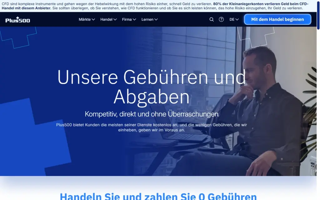Seite Gebühren und Abgaben für den CFD-Handel bei Plus500