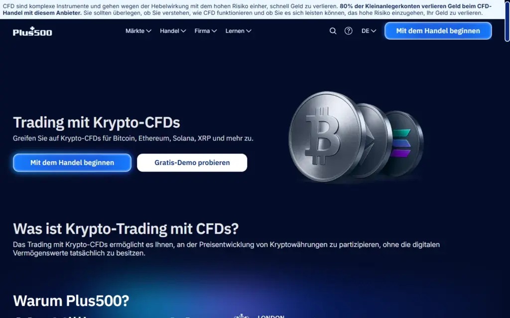 Seite Trading mit Krypto-CFDs auf plus500.com
