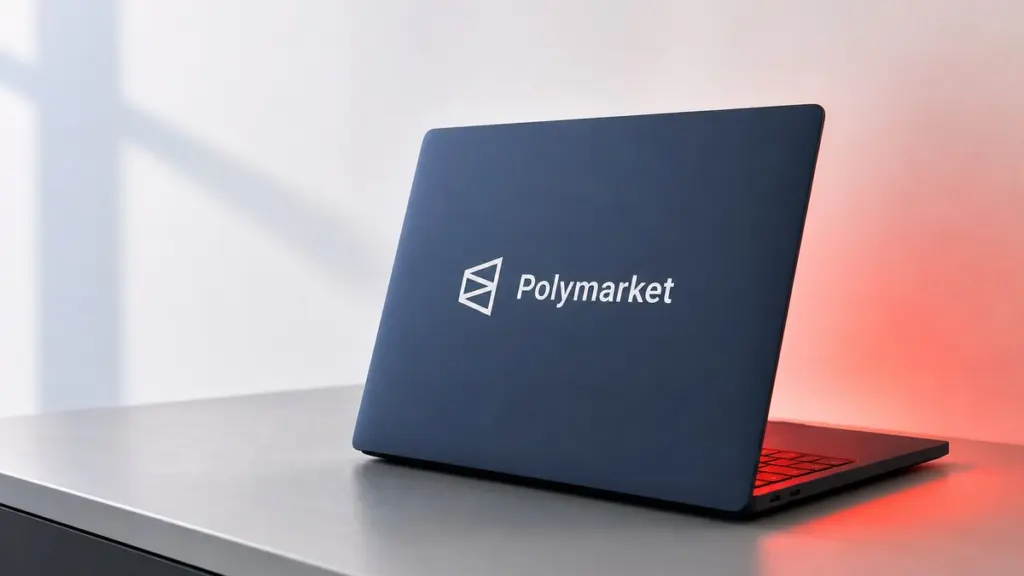 Ein halb geöffneter dunkelblauer Laptop mit dem Polymarket-Logo auf dem Deckel steht auf einem hellen Tisch, der verdeckte Bildschirm wirft rotes Licht auf Tisch und Wand.