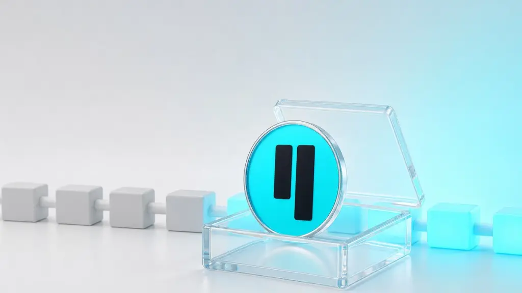Eine große türkisfarbene Qubic-Münze steht in einer offenen Acrylbox, dahinter eine Reihe weißer Würfel, von denen die rechten wieder cyan leuchten.
