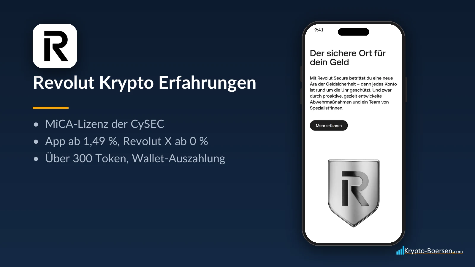 Revolut Krypto Erfahrungen: App-Symbol, Startseite von revolut.com auf dem Smartphone und Kernfakten