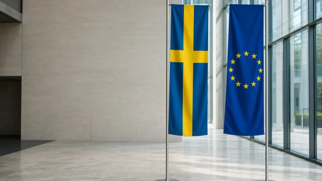 Die Flagge Schwedens und die Flagge der Europäischen Union hängen gleich groß an zwei schlanken Stahlmasten in einem hellen Foyer mit Glasfassade.