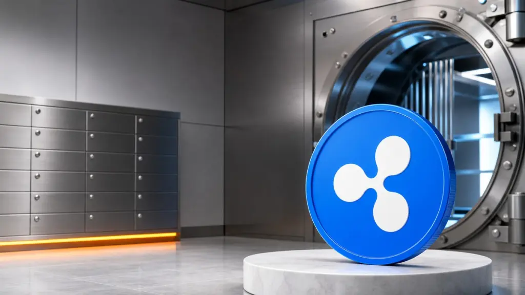 Eine blaue Münze mit dem weißen Zeichen von Ripple USD steht auf einem weißen Steinsockel vor der offenen runden Tür eines hellen Banktresors.