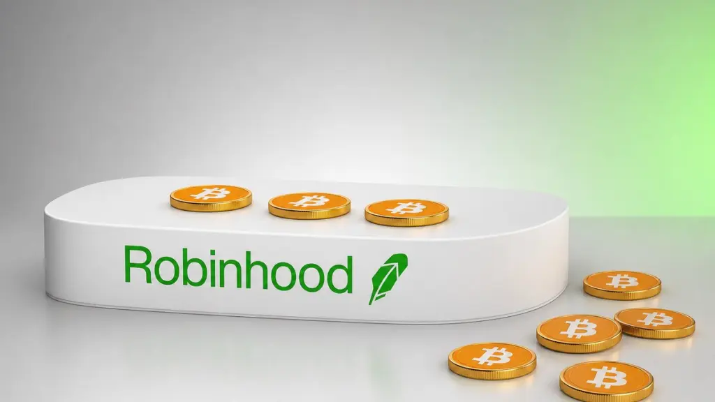 Ein weißer Sockel mit der grünen Robinhood-Wortmarke und Feder, auf dem nur noch drei Bitcoin-Münzen liegen, während fünf weitere auf den Boden gerutscht sind.