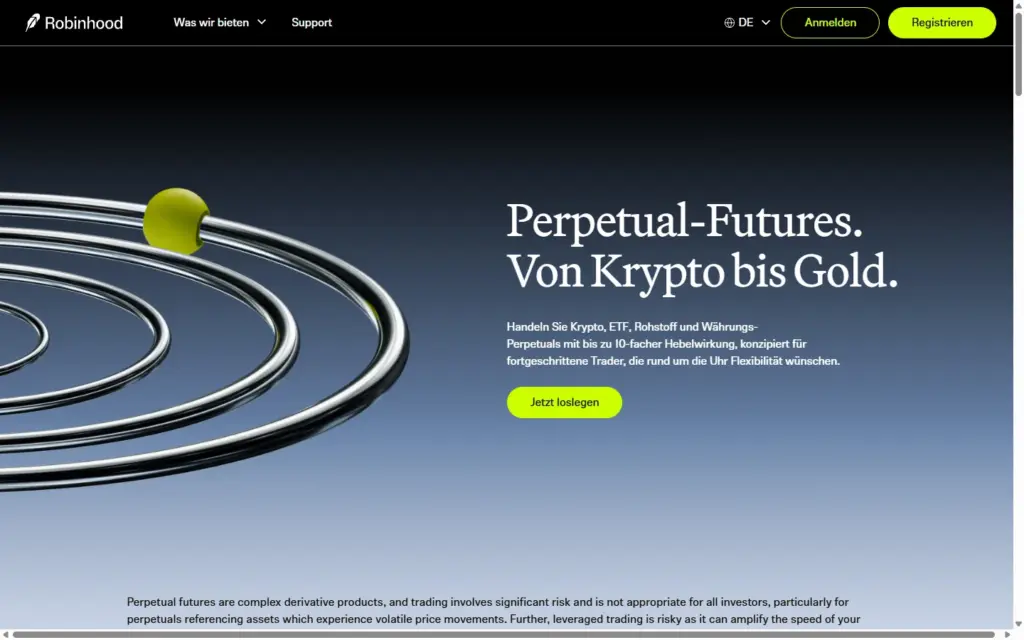 Robinhood: Seite zu Perpetual Futures mit bis zu 10-fachem Hebel