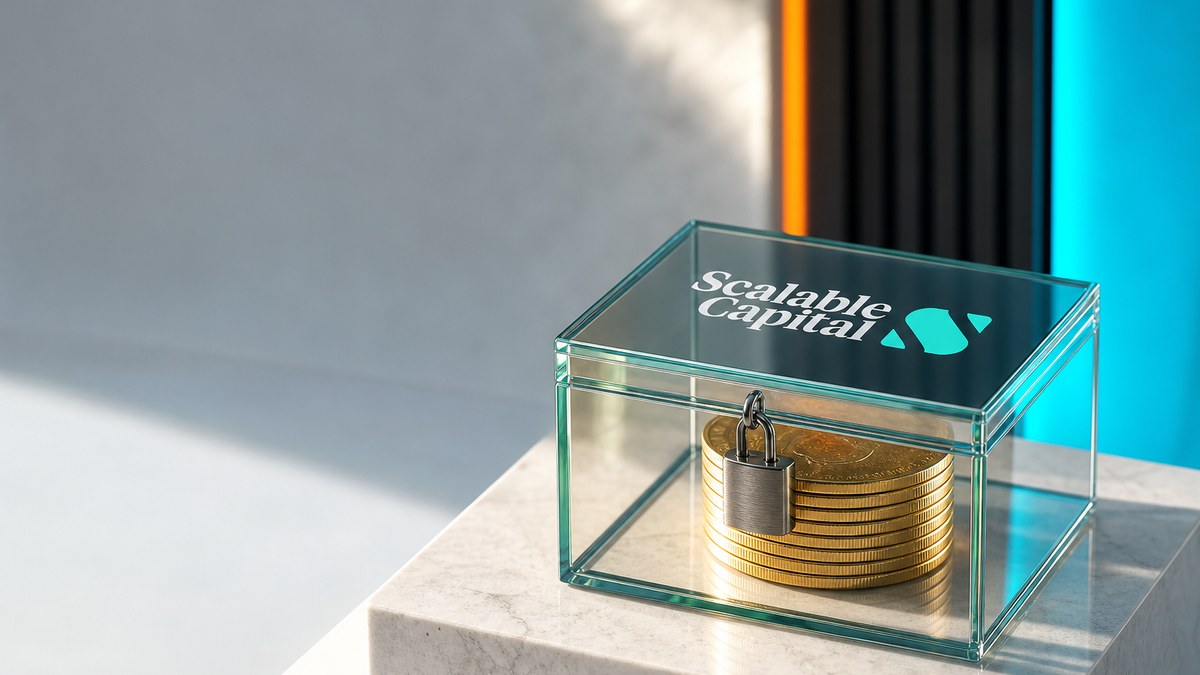 Verschlossene Glasbox mit Münzstapel und Scalable-Capital-Logo als Sinnbild für Festgeld